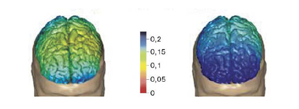 Увеличение мощности альфа-ритма в мозгу после тренировки креативности. Контрольная группа — слева, опытная группа — справа. Изображение: «Химия и жизнь»