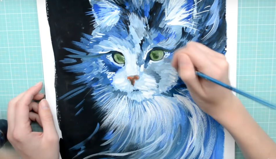 Синий кот нарисован акварельными красками