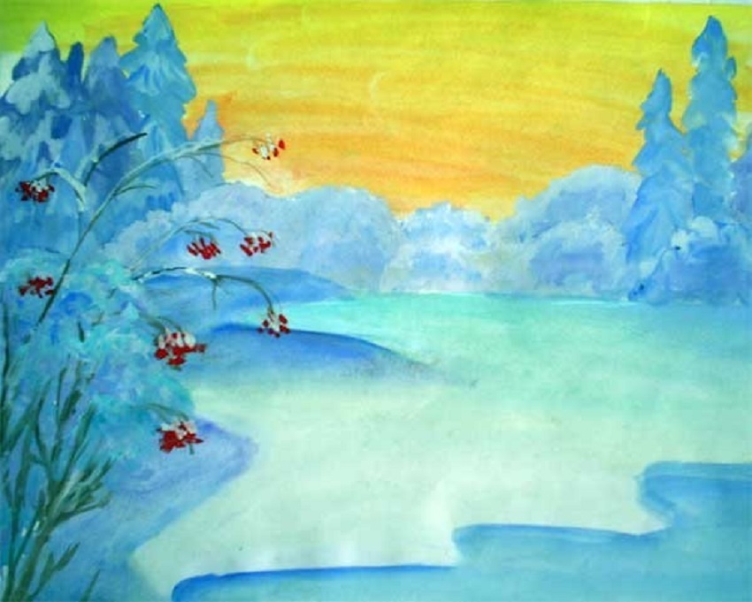 Дети рисуют зиму синими красками