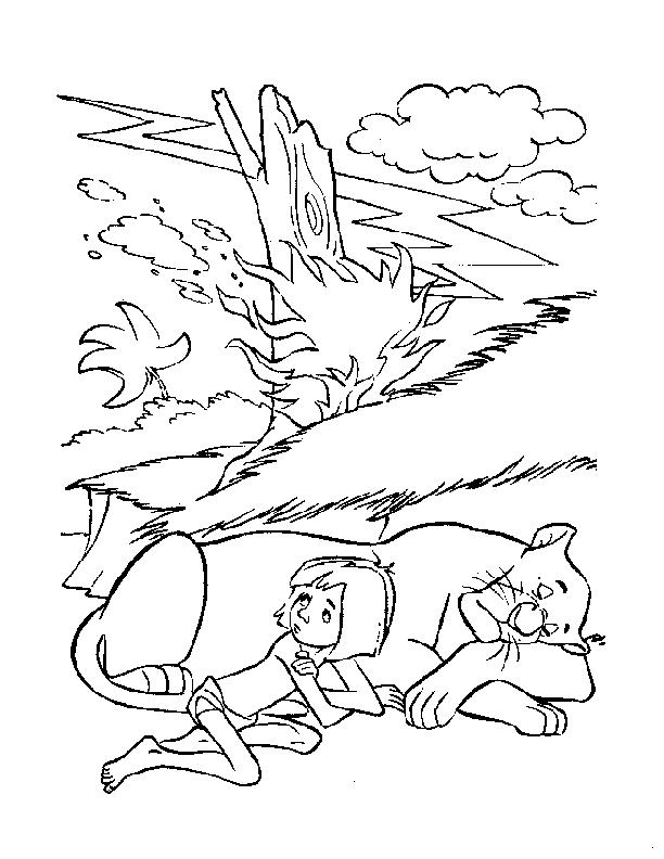 Раскраски ветер Маугли спит рядом с багирой и за с пенной у них бушует ветер что даже в дерево попало молния и оно загорелось