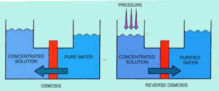 Figure 9-1. In the osmosis process, water flows through a membrane from the dilute solution side tohe more concentrated solution side. In reverse osmosis, applied pressure causes water to flow from the concentrated solution to the dilute solution.